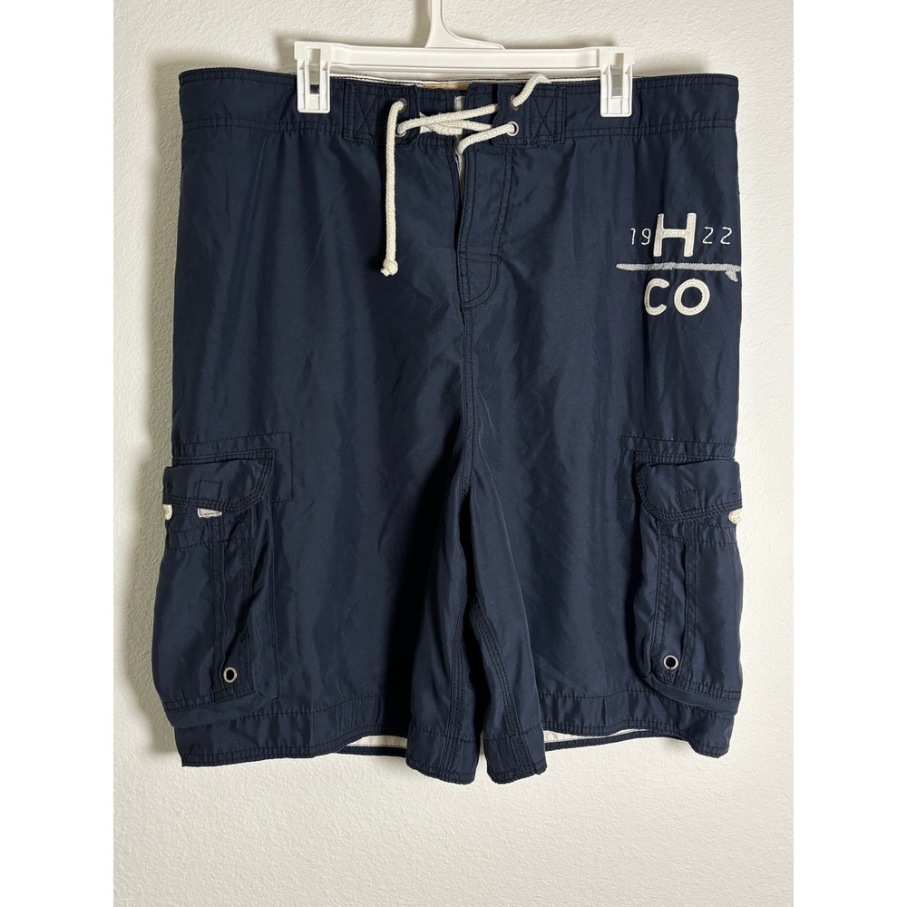Hollister Mens Cargo Board Shorts Navy Blue Mesh Lined Swim Trunks Size L 1922‎